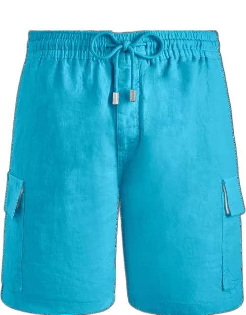 Men Linen Bermuda Shorts Cargo Pockets - Bermuda - Baie - Blue
