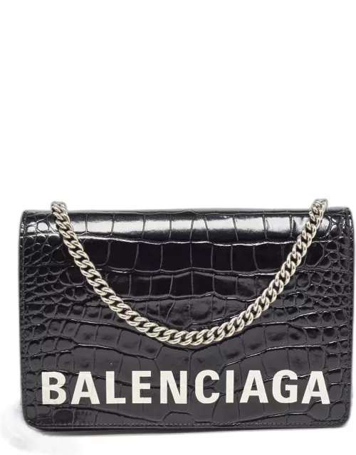 Balenciaga Black Croc Embossed Leather Ville Chain Clutch