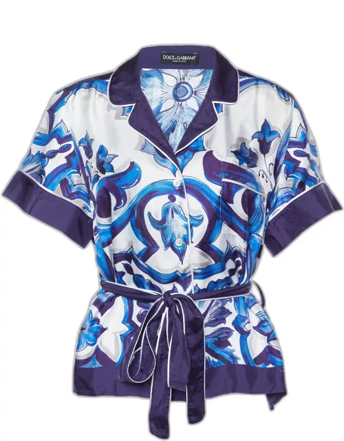 Dolce & Gabbana Navy Blue Majolica Print Silk Belted Shirt