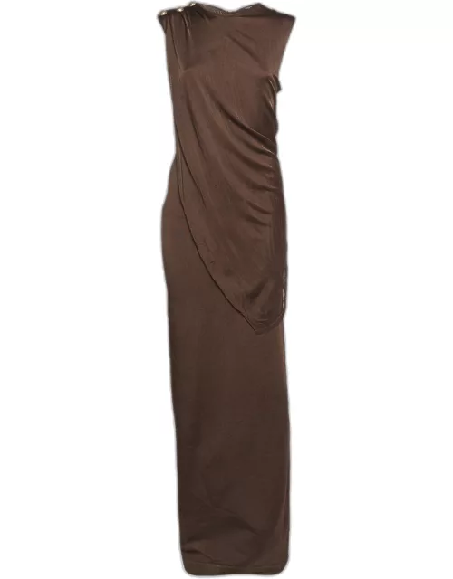 Balmain Brown Stretch Knit Drape Detail Sleeveless Maxi Dress