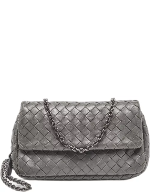 Bottega Veneta Grey Intrecciato Leather Flap Chain Crossbody Bag