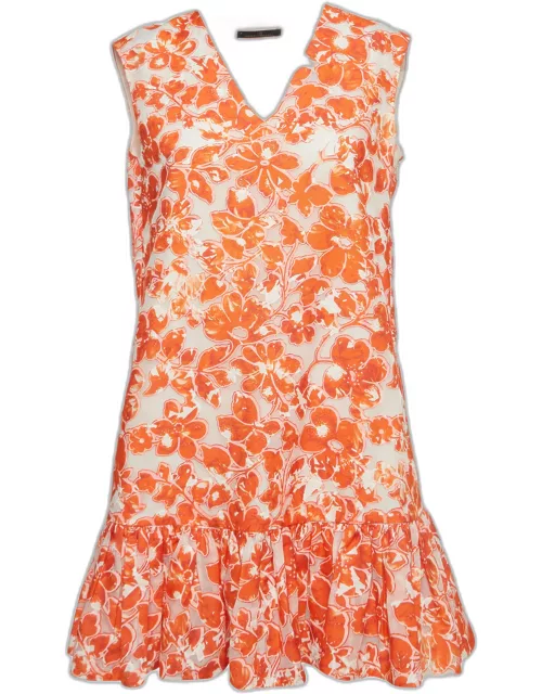 CH Carolina Herrera Orange Floral Cotton Blend Mini Flounce Dress
