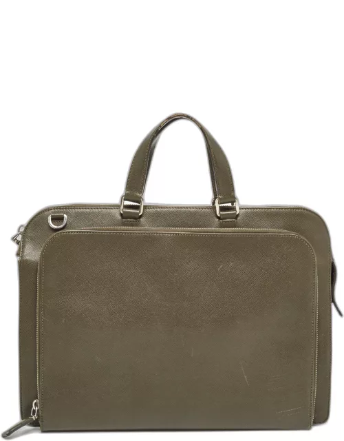Prada Olive Green Saffiano Lux Leather Front Pocket Briefcase Bag