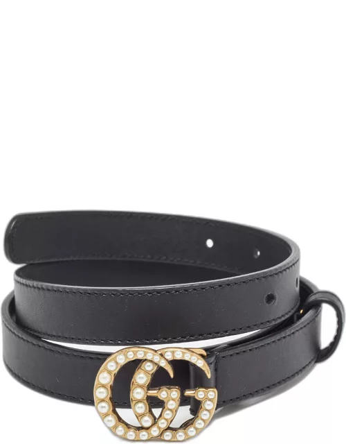 Gucci Black Leather GG Marmont Pearl Slim Belt 80C