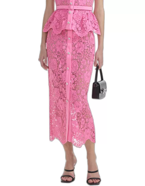 Floral Lace Fitted Midi Skirt with Belt