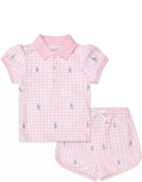 Ralph Lauren Pink Piqué Polo And Shorts Set With Pony