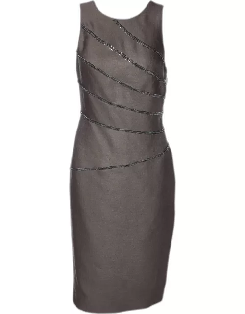 Versace Deep Taupe Wool & Silk Fishbone Chain Detail Dress