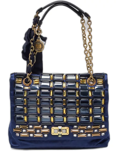 Lanvin Navy Blue/Black Satin and Leather Crystals Embellished Happy Shoulder Bag