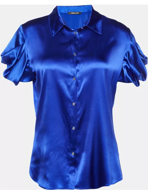 Roberto Cavalli Royal Blue Silk Satin Short Sleeve Shirt