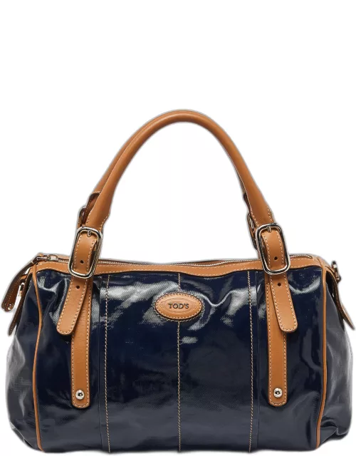 Tod's Navy Blue/BrownCoated Canvas and Leather G-Bag Easy Sacca Satche