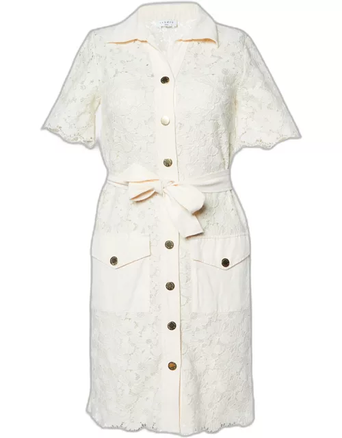 Sandro Ecru Guipure Lace Adrienne Belted Shirt Dress