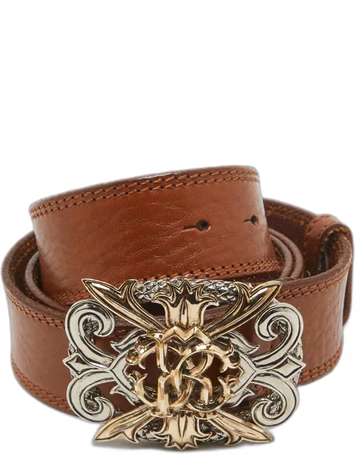 Roberto Cavalli Brown Leather RC Metal Buckle Belt 110C