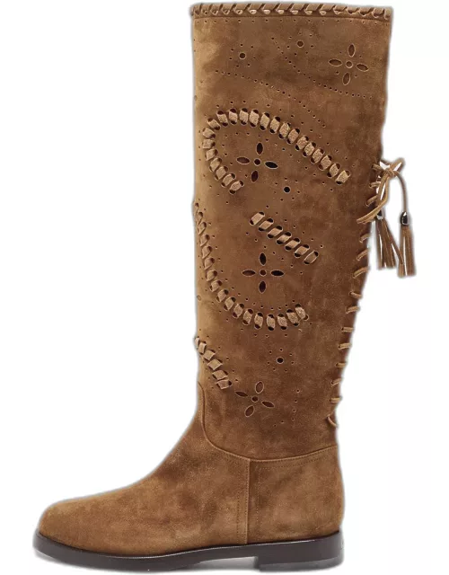 Le Silla Brown Laser Cut Suede Whipstitched Knee Length Boot
