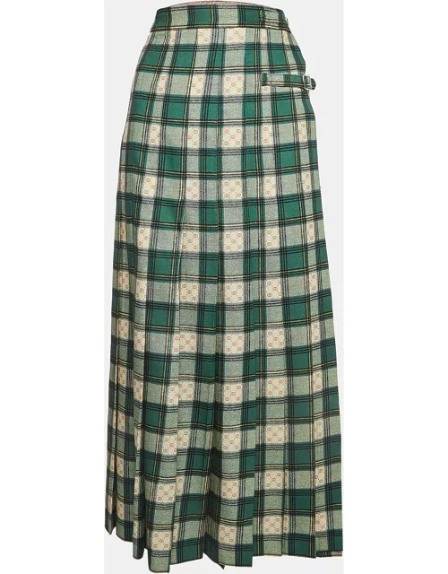 Gucci Green Tartan Check Wool Twill Pleated Maxi Skirt