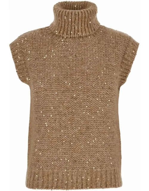 Eleventy Beige Sleeveless Sweater With All-over Sequins In Cotton And Mohair Blend Woman
