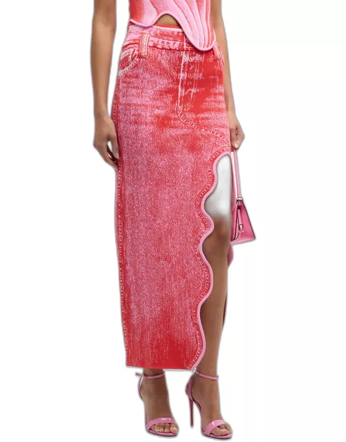 Lily Denim-Print Asymmetric Midi Skirt