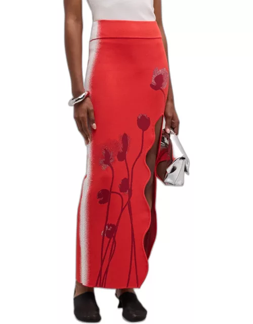 Lily Flower Wavy Slit Midi Skirt