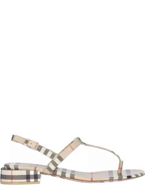 Burberry Beige Sandals With Vintage Check Motif And Short Heel In Canvas Woman
