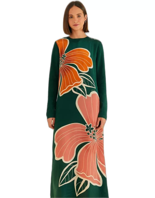 Green Honolulu Flowers Long Sleeve Maxi Dress, HONOLULU FLOWERS GREEN /