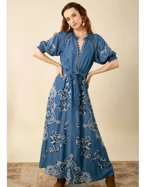 Hale Bob Wynter Embroidered Chambray Midi Dress - Blue