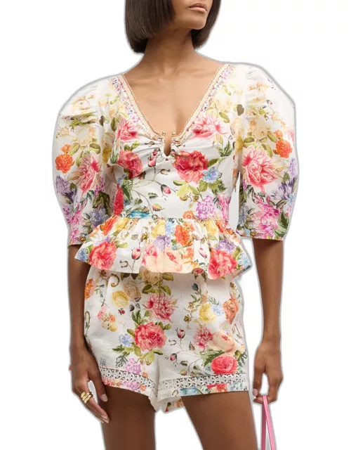 Puff-Sleeve Floral Cotton Top with Hardware