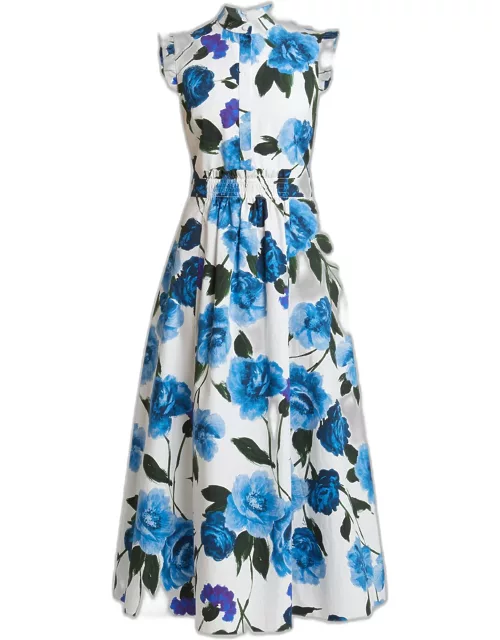 Sleeveless Floral Cotton Midi Dress With Full Skirt
