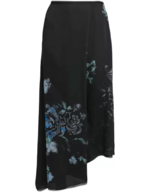 Floral Print Silk Wrap-Effect Midi Skirt