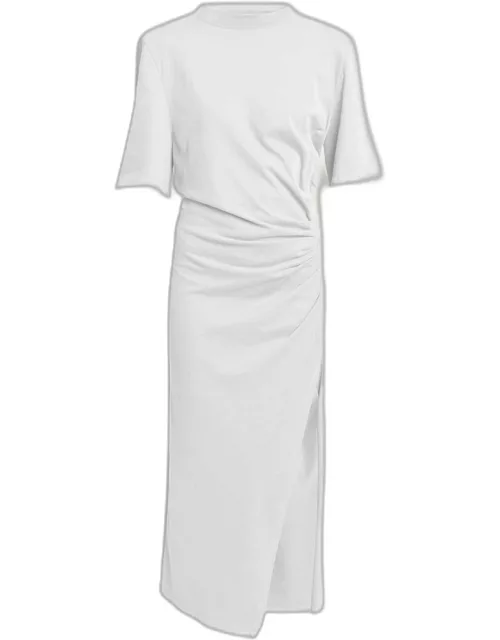 Lexia Strong-Shoulder Ruched Midi T-Shirt Dres