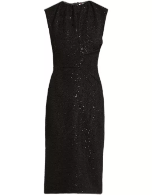 Sequined Gathered-Neck Wool Midi Dres