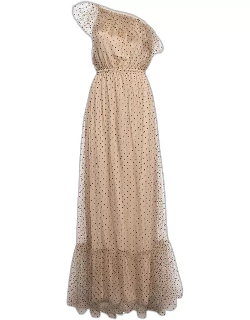 Gucci Beige Dot Embroidered Tulle One Shoulder Maxi Dress
