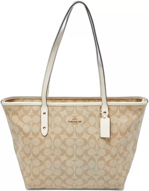 Coach Beige/Brown Signature Coated Canvas and Leather City Zip Tote