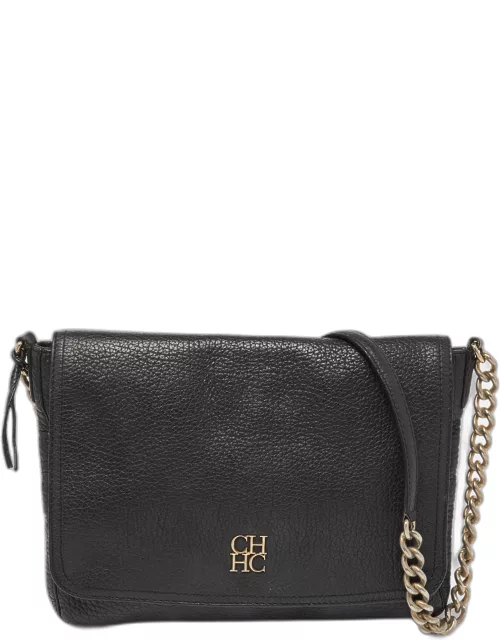 CH Carolina Herrera Black Leather Chain Flap Shoulder Bag