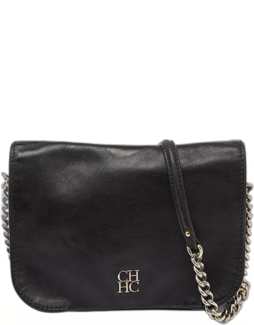 CH Carolina Herrera Black Leather New Baltazar Flap Shoulder Bag