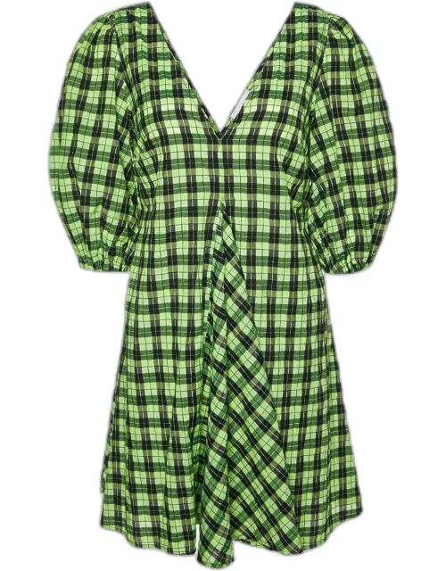 Ganni Neon Green/Black Checkered Cotton Puff Sleeve Dress