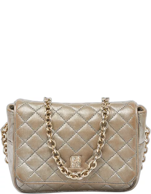 CH Carolina Herrera Silver Quilted Leather Chain Flap Shoulder Bag