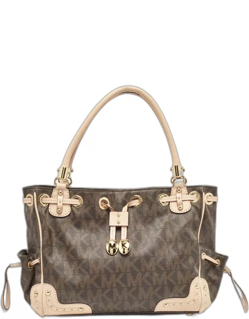 Michael Kors Brown/Beige Monogram Coated Canvas and Leather Drawstring Bag