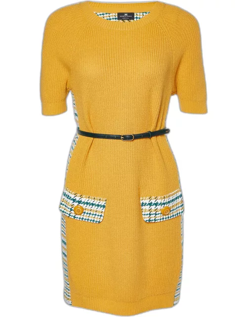 Elisabetta Franchi Yellow Houndstooth Knit Belted Dress