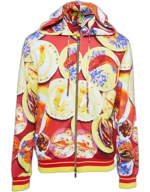 Etro Red Seafood Print Cotton Knit Hooded Jacket