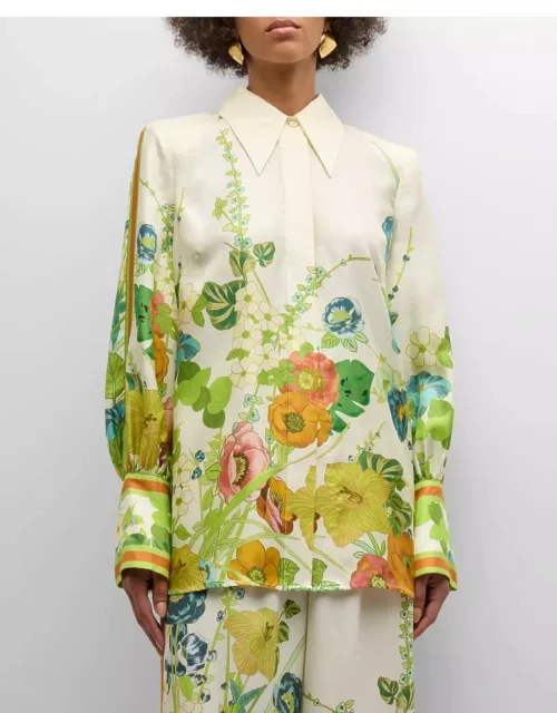 Constance Back Ribbon-Tie Floral Silk Shirt