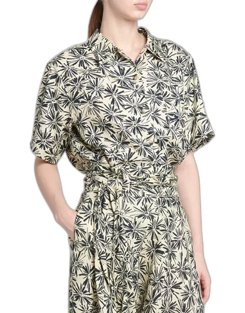 Isobel Flowers-Print Short-Sleeve Linen Button-Down Shirt