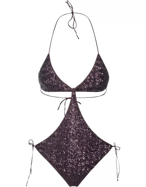 Oseree Purple Sequins One-piece Swimsuit