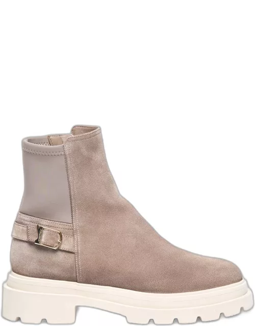 Suede Buckle Lug-Sole Ankle Boot