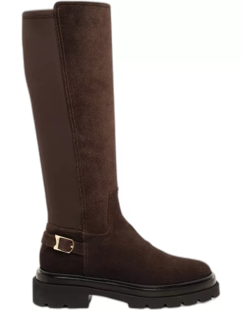 Stretch Suede Buckle Knee Boot