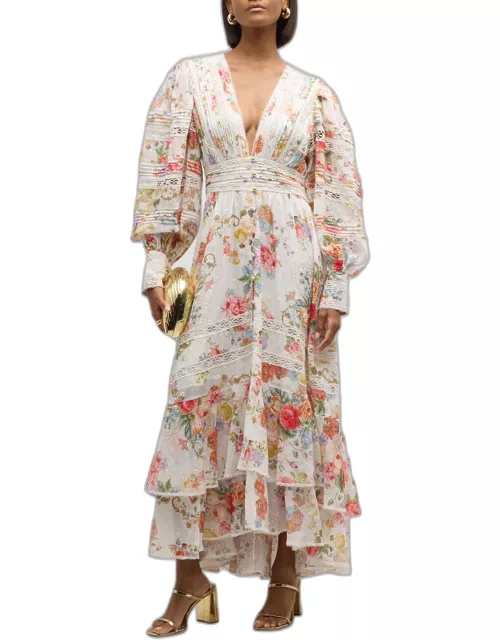 Floral Cotton Button-Front Maxi Dress with Lace Insert