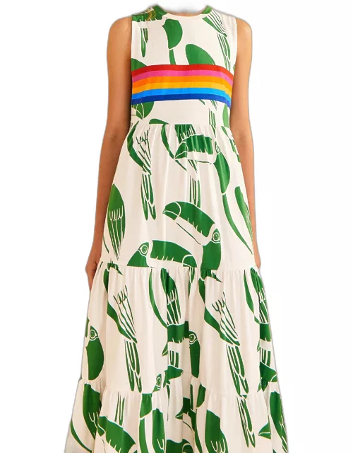 Off-White Rainbow Toucans Organic Cotton Maxi Dress, RAINBOW TOUCANS OFF WHITE /