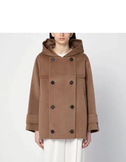 Short light brown double-breasted wool coat