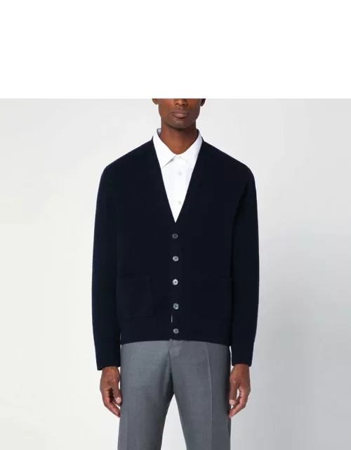 Navy blue wool cardigan with tricolour insert
