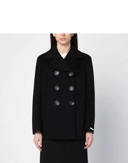 Black double-breasted wool short coat