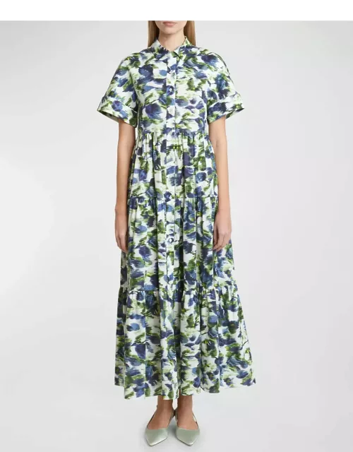 Floral Short-Sleeve Tiered Midi Shirtdres