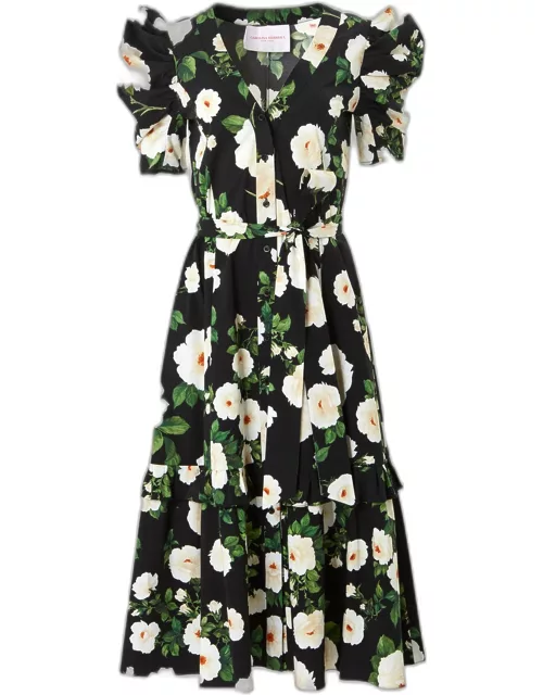 Floral Button Front Tiered Midi Dress with Self Belt